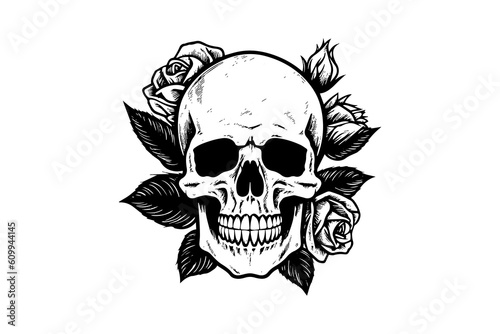 Human skull in a flower frame woodcut style. Vector engraving sketch illustration for tattoo and print design.