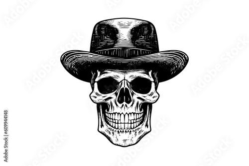 Human skull in a hat in woodcut style. Vector engraving sketch illustration for tattoo and print design.