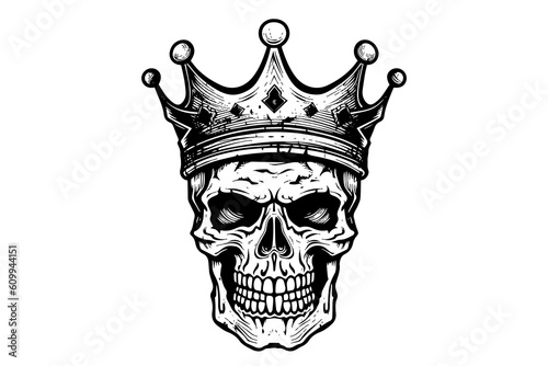 Human skull in a crown in woodcut style. Vector engraving sketch illustration for tattoo and print design.