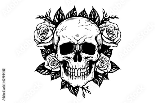Human skull in a flower frame woodcut style. Vector engraving sketch illustration for tattoo and print design.
