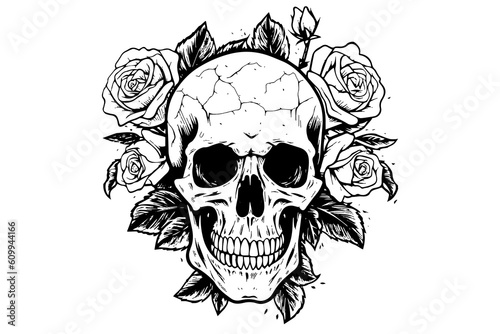 Human skull in a flower frame woodcut style. Vector engraving sketch illustration for tattoo and print design.