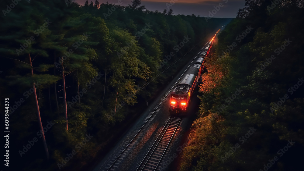 a train traveling down train tracks next to a forest. Generative Ai a train traveling down train tracks next to a forest. Generative Ai