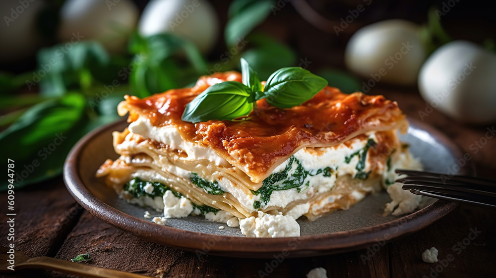 homemade lasagne with ricotta cheese and spinach on wooden table. Generative Ai homemade lasagne with ricotta cheese and spinach on wooden table. Generative Ai