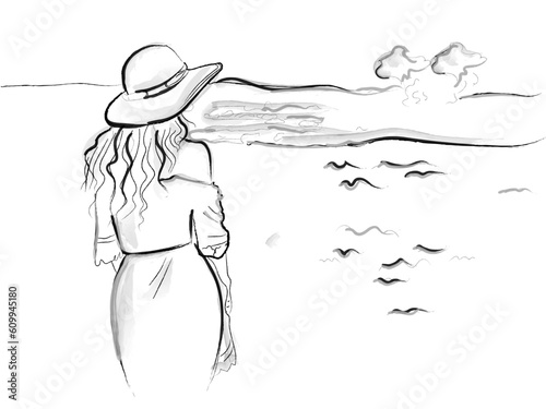 Woman at the beach wearing a hat vector line art