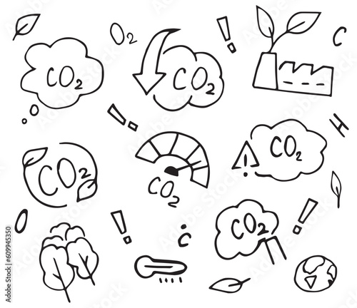 ecology set. carbon dioxide. CO2. doodle art. vector drawing. black and white color. the icon is drawn manually. on a white background. easy drawing.