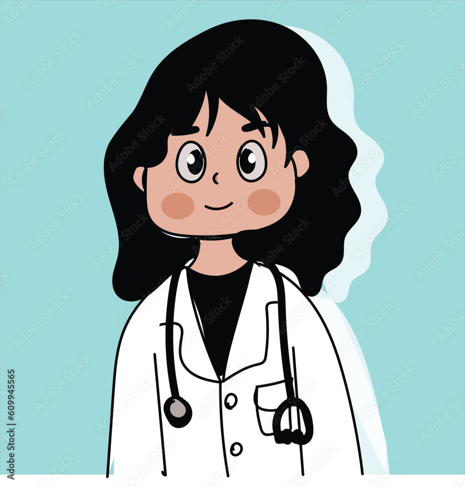Illustration of cartoon character female doctor. Cute illustration cartoon of smiling doctor wearing a stethoscope, pastel blue background
