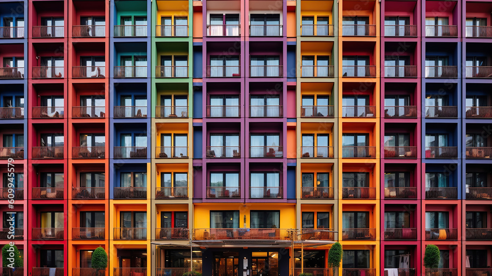 multicolored building with lots of windows and balconies. Generative Ai multicolored building with lots of windows and balconies. Generative Ai