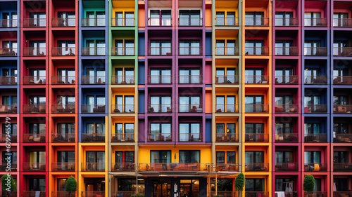 multicolored building with lots of windows and balconies. Generative Ai