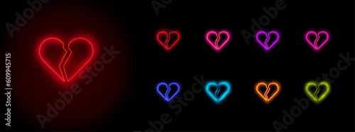 Outline neon broken heart icon. Glowing neon heart with crack, heartbreak pictogram