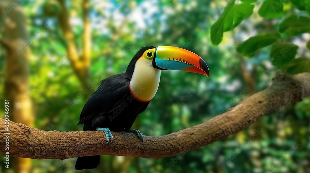 Toucan sitting on the branch in the forest. Generative Ai Toucan sitting on the branch in the forest. Generative Ai