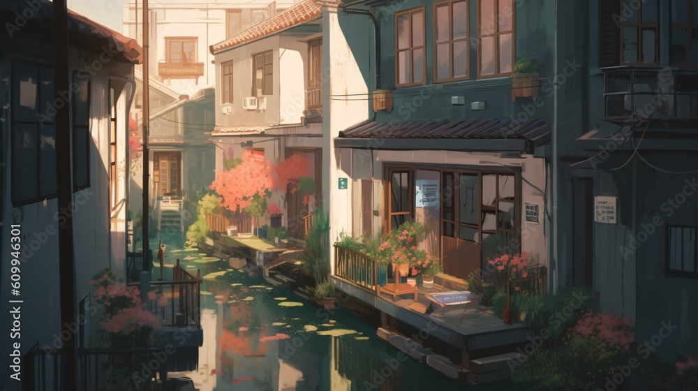 LOFI house on the streets, anime manga style illustration, background wallpaper