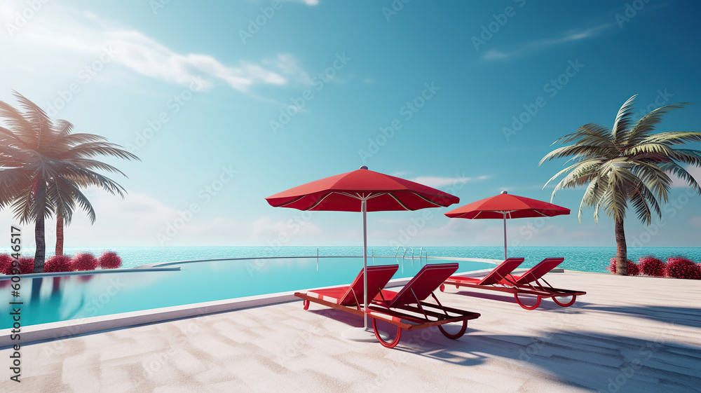 Luxurious beach resort with swimming pool and beach chairs or loungers under umbrellas with palm trees and blue sky. Generative Ai