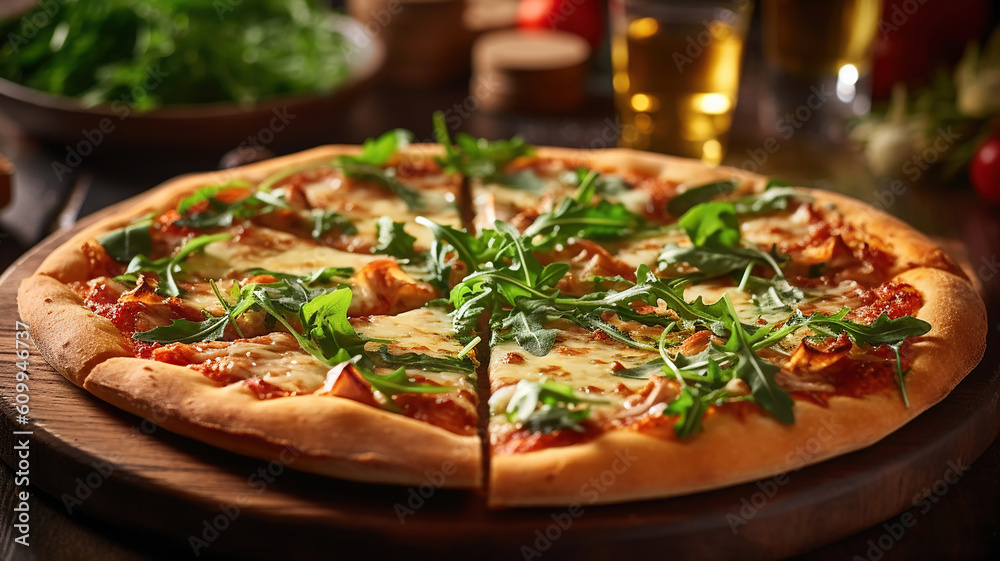 delicious vegetarian pizza with arugula on wooden table. Generative Ai delicious vegetarian pizza with arugula on wooden table. Generative Ai