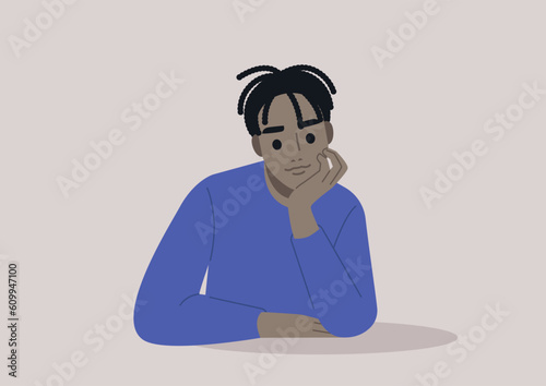 A young African character propping up their face with hand, attentive listener