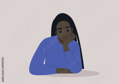 A young African character propping up their face with hand, attentive listener