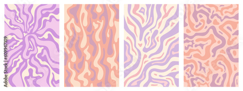 Psychedelic groovy backgrounds set. Liquid hand drawn shapes, curvy lines. Swirl effect. Twisted and distorted art in retro style. Abstract vector illustration.