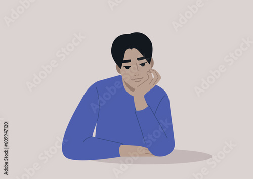 A young Asian character propping up their face with hand, attentive listener