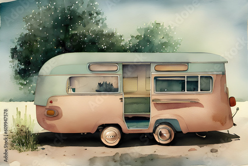 Watercolor image of a vintage camper. (AI-generated fictional illustration)
