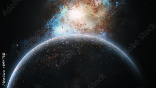Abstract outer space view Unidentified alien planet with double quasar in distant universe background animation abstract Sci Fi galaxy cinematic title photo