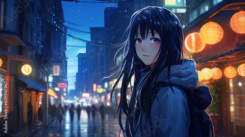 Anime girl with a cityscape background