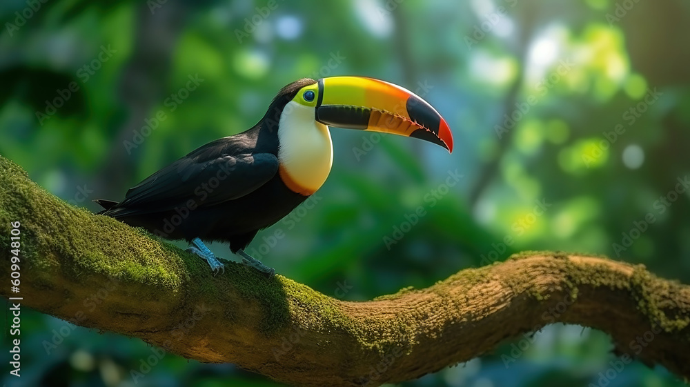 Toucan sitting on the branch in the forest. Generative Ai Toucan sitting on the branch in the forest. Generative Ai