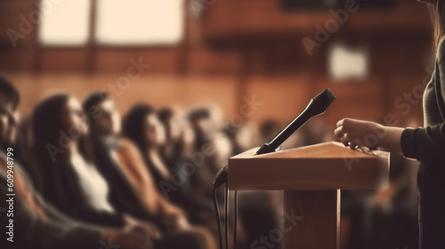 A Person with a Microphone Speaking in Public in Front of an Audience. Illustration for a Presentation or Motivational Talks and Tips. With Licensed Generative AI Technology Assistance.