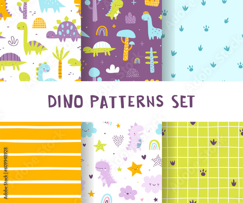 Cute pattern set with dino for kids. Seamless vector colorful print collection with abstract dinosaurs for baby textile.