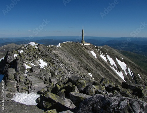 View from Gaustatoppen with the radio tower near the mountain's summit. Gaustatoppen is the highest mountain in Telemark, Norway.
