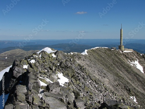 View from Gaustatoppen with the radio tower near the mountain's summit. Gaustatoppen is the highest mountain in Telemark, Norway.

