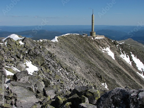 View from Gaustatoppen with the radio tower near the mountain's summit. Gaustatoppen is the highest mountain in Telemark, Norway.
