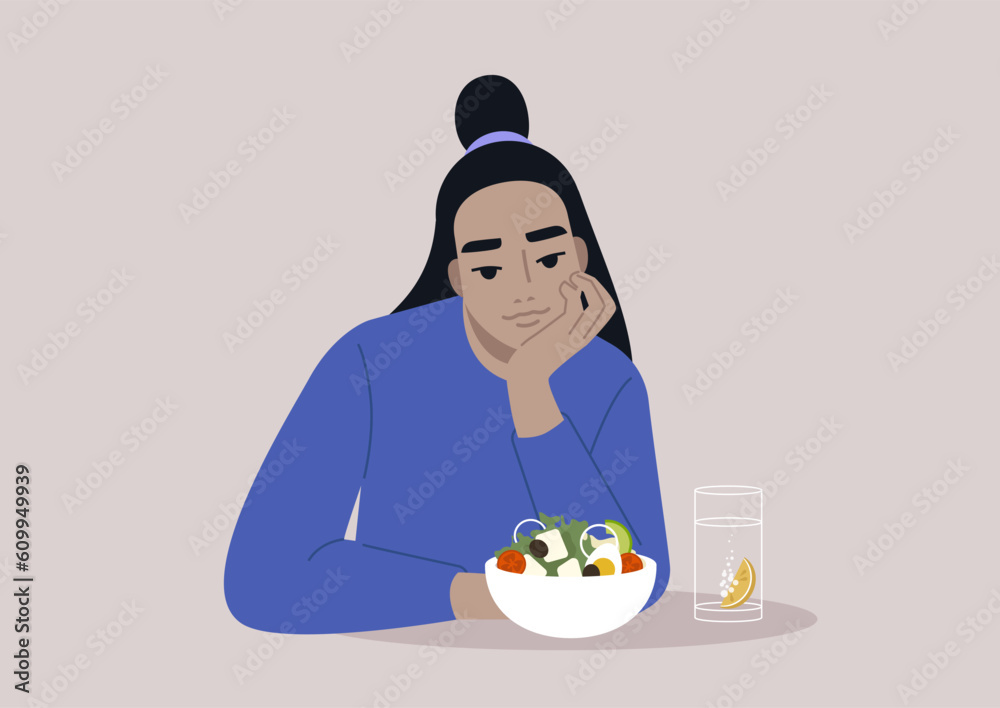 A young Asian character eating a vegan salad, lunch break concept A young Asian character eating a vegan salad, lunch break concept