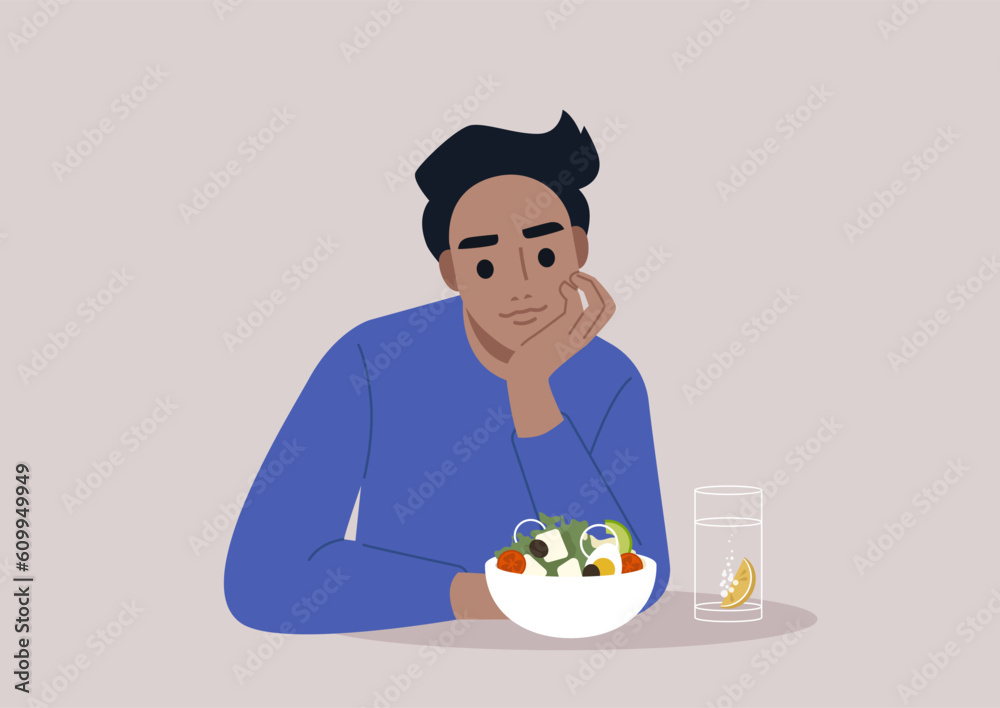 A young Caucasian character eating a vegan salad, lunch break concept