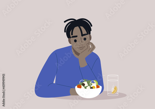 A young African character eating a vegan salad, lunch break concept