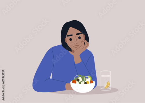 A young Caucasian character eating a vegan salad, lunch break concept
