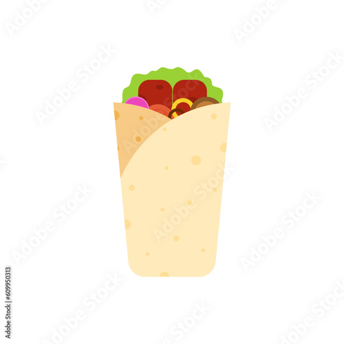 shawarma kebab flat design vector illustration. Arabic eastern toasty doner kebab meal. Shaurma or burrito business emblem flat vector illustration