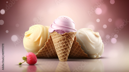 White, yellow and Pinkberry Ice cream in the cone with abstract light purple background. Ice cream summer baclground. Generative AI photo