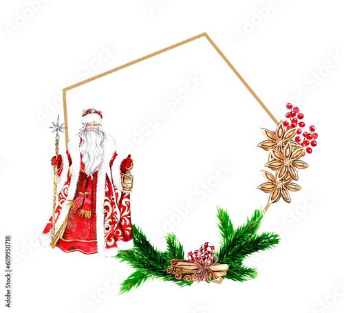 Christmas frame with fir branches and Santa Claus in red.Watercolor hand drawn illustration for invitations, greeting cards, prints, packaging and more. Merry christmas and happy new year.