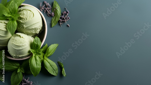 Vegan food concept. Basil ice cream in a bowl on light turquiose background. Home made green ice cream with basil and mint, copy space. Summer desserts. Generative AI