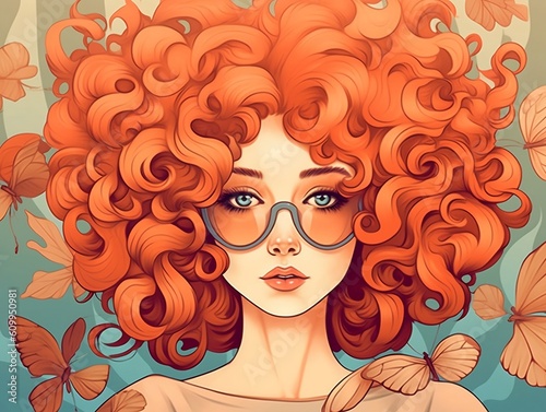 Adorable woman with red curly hair. Generative AI. © Shockolada