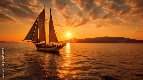 Golden Horizons: A Serene Sunset on the Sailing Yacht. Generative AI