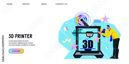 3D three-dimension printing and prototyping service, additive manufacturing concept for web banner, flat vector illustration. 3d printing technology website template.