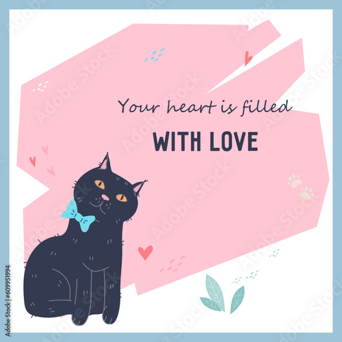 Help for homeless animals or stray animals charity. Banner or poster design with cat and copy space for text, flat cartoon vector illustration. Veterinary and volunteering help, pets shelter.
