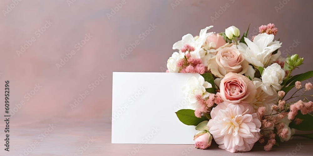 Flowers with paper message card, mockup for event invite, wedding party, save the date, copy space