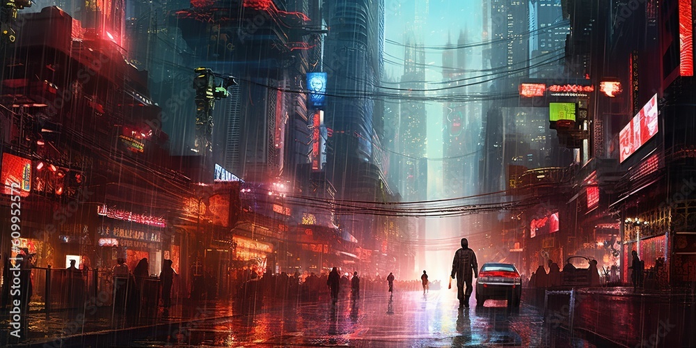 Futuristic cyberpunk city. Raining cyber - punk digital artwork
