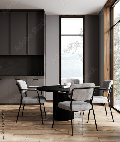 Modern dark grey kitchen interior, 3d rendering © Liliia