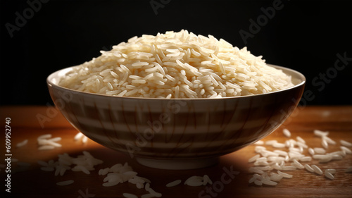 A plate of hot delicious cooked rice on dark background, ready to eat
