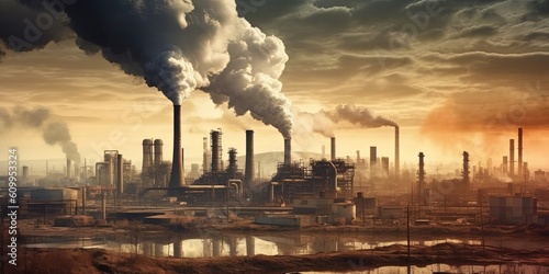 Industrial factory pollution, smokestack exhaust gases