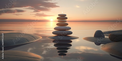 Zen stones pyramid on side of the water surface during the sunset