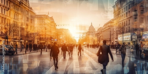 Lots of people walking around the city. Blurred image, wide panoramic view of the road with people at sunset.