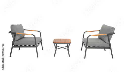 2 gray sofa and table made of metal and wood in the yard   White background 